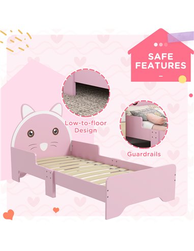 ZONEKIZ Bed for Kids Cat Design Toddler Bed Frame Bedroom Furniture with Guardrails, for 3-6 Years, 143L x 74W x 72Hcm - Pink 31