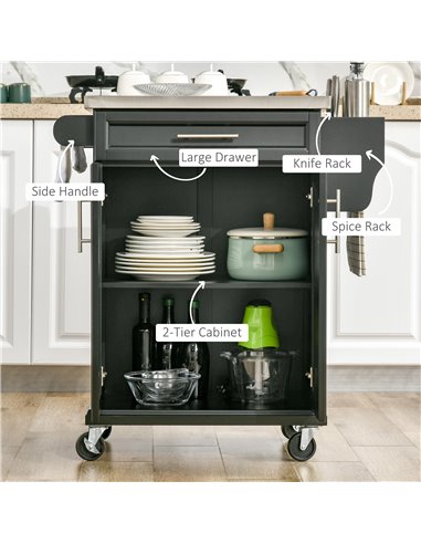 HOMCOM Kitchen Island, MDF, Stainless Steel Top-Black 801-055