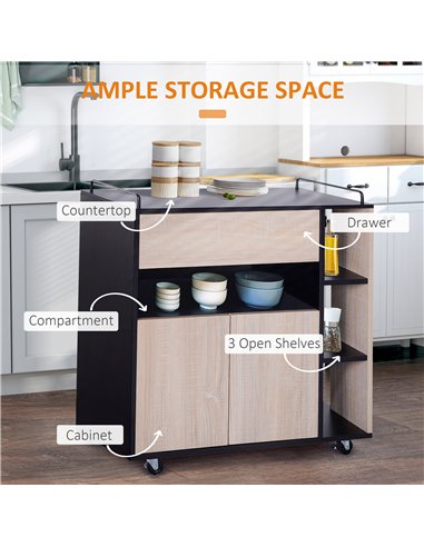 HOMCOM Rolling Kitchen Island, 76.5Wx40Dx82H cm-Oak/Black Colour 801-077