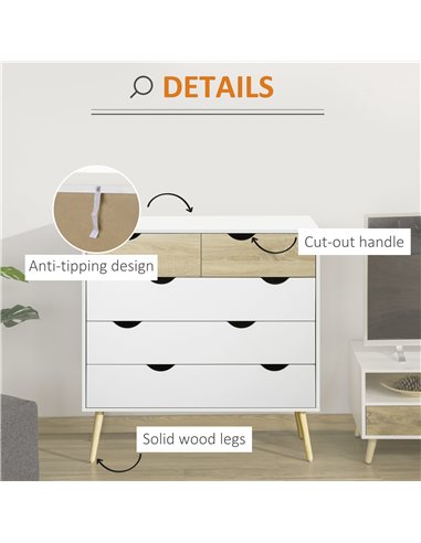 HOMCOM Chest of Drawers, 5 Drawer Dresser, Storage Organizer Side Cabinet for Bedroom, Living Room