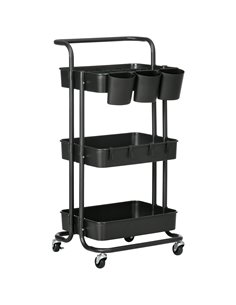 HOMCOM 3 Tier Utility Rolling Cart, Kitchen Cart with 3 Removable Mesh Baskets, 3 Hanging Box, 4 Hooks and Dividers for Living R