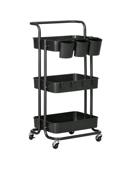 HOMCOM 3 Tier Utility Rolling Cart, Kitchen Cart with 3 Removable Mesh Baskets, 3 Hanging Box, 4 Hooks and Dividers for Living R - pic 68830 | FastDaddyshop