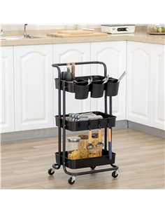 HOMCOM 3 Tier Utility Rolling Cart, Kitchen Cart with 3 Removable Mesh Baskets, 3 Hanging Box, 4 Hooks and Dividers for Living R 2