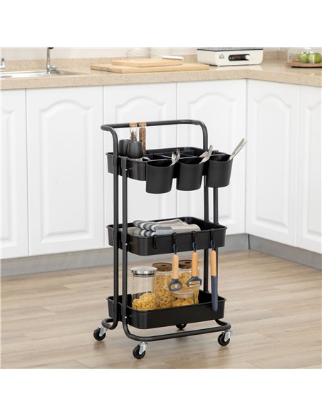 HOMCOM 3 Tier Utility Rolling Cart, Kitchen Cart with 3 Removable Mesh Baskets, 3 Hanging Box, 4 Hooks and Dividers for Living R - pic 68831 | FastDaddyshop
