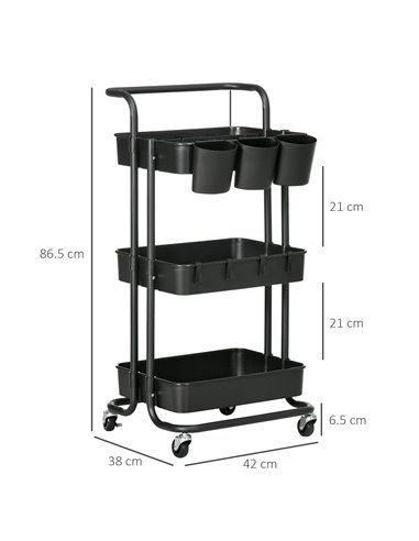 HOMCOM 3 Tier Utility Rolling Cart, Kitchen Cart with 3 Removable Mesh Baskets, 3 Hanging Box, 4 Hooks and Dividers for Living R
