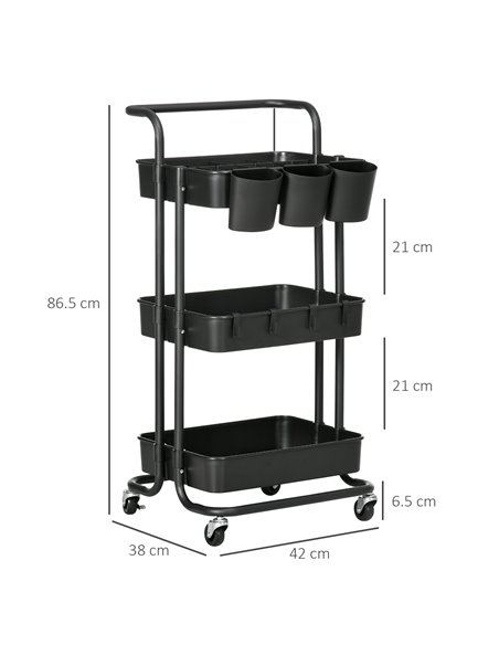 HOMCOM 3 Tier Utility Rolling Cart, Kitchen Cart with 3 Removable Mesh Baskets, 3 Hanging Box, 4 Hooks and Dividers for Living R - pic 68832 | FastDaddyshop
