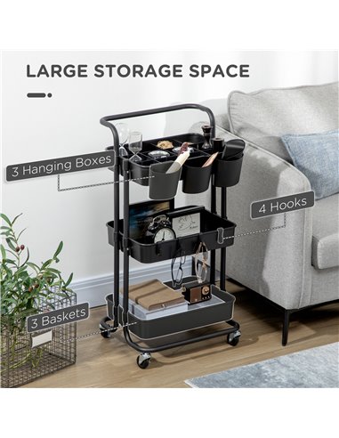 HOMCOM 3 Tier Utility Rolling Cart, Kitchen Cart with 3 Removable Mesh Baskets, 3 Hanging Box, 4 Hooks and Dividers for Living R