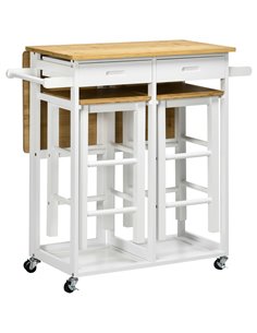 HOMCOM Kitchen Island Set with 2 Stools, Bamboo Breakfast Cart with Drop Leaf Top, Drawers and Towel Rack, Rolling Kitchen Cart 