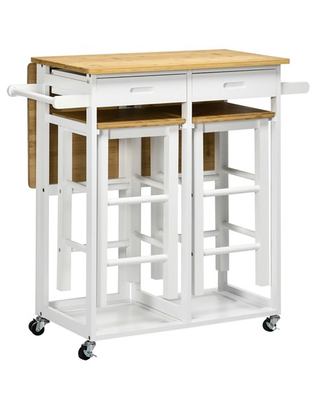 HOMCOM Kitchen Island Set with 2 Stools, Bamboo Breakfast Cart with Drop Leaf Top, Drawers and Towel Rack, Rolling Kitchen Cart  - pic 68839 | FastDaddyshop