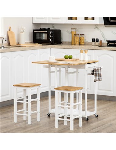 HOMCOM Kitchen Island Set with 2 Stools, Bamboo Breakfast Cart with Drop Leaf Top, Drawers and Towel Rack, Rolling Kitchen Cart 