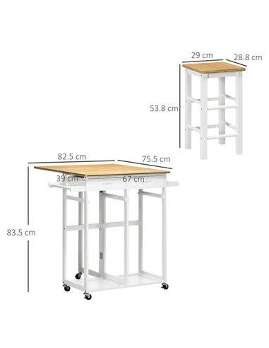 HOMCOM Kitchen Island Set with 2 Stools, Bamboo Breakfast Cart with Drop Leaf Top, Drawers and Towel Rack, Rolling Kitchen Cart 
