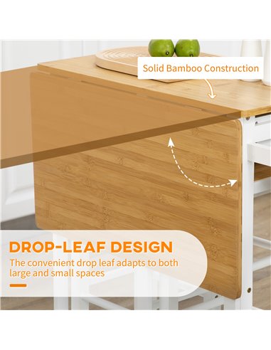 HOMCOM Kitchen Island Set with 2 Stools, Bamboo Breakfast Cart with Drop Leaf Top, Drawers and Towel Rack, Rolling Kitchen Cart 