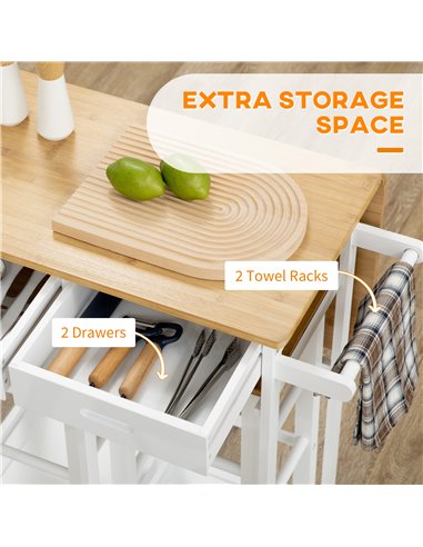 HOMCOM Kitchen Island Set with 2 Stools, Bamboo Breakfast Cart with Drop Leaf Top, Drawers and Towel Rack, Rolling Kitchen Cart 