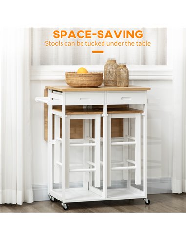 HOMCOM Kitchen Island Set with 2 Stools, Bamboo Breakfast Cart with Drop Leaf Top, Drawers and Towel Rack, Rolling Kitchen Cart 