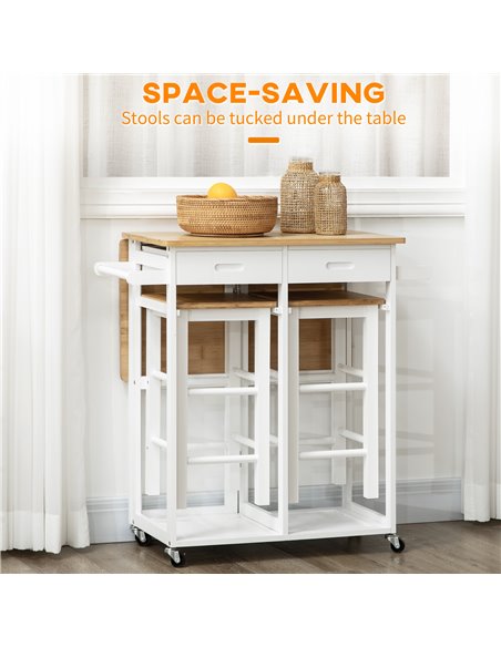 HOMCOM Kitchen Island Set with 2 Stools, Bamboo Breakfast Cart with Drop Leaf Top, Drawers and Towel Rack, Rolling Kitchen Cart  - pic 68845 | FastDaddyshop