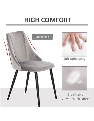 HOMCOM Dining Chairs Set of 2, Modern Upholstered Velvet-Touch Fabric Accent High Back Chairs with Metal Legs, Grey 835-380V71LG