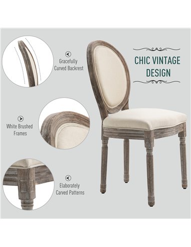 HOMCOM Dining Chairs Set of 2, French-Style Kitchen Chairs with Padded Seats Wood Frame and Brushed Curved Back, Cream White 835
