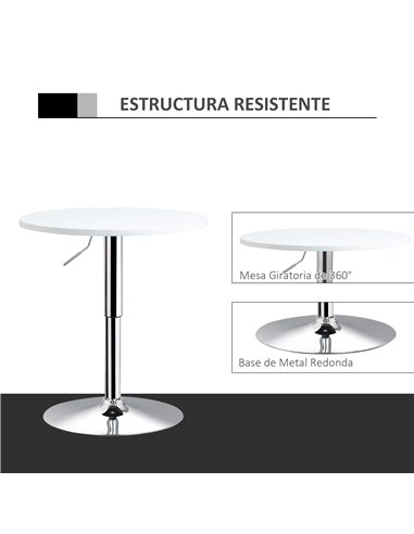 HOMCOM Adjustable Bar Table, Φ30cm, Round Bistro Table with Swivel Top, Metal Frame, Stylish for Kitchen, White 835-388WT