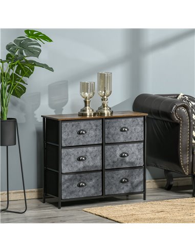 HOMCOM Chest of Drawer Fabric Dresser Storage Cabinet for Bedroom Night Stand w/ 6 Drawers Steel Frame Handles - Grey and Black