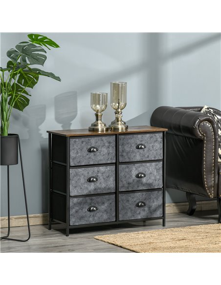 HOMCOM Chest of Drawer Fabric Dresser Storage Cabinet for Bedroom Night Stand w/ 6 Drawers Steel Frame Handles - Grey and Black - pic 6926 | FastDaddyshop