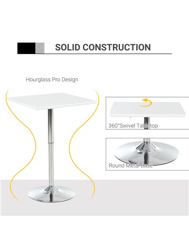 HOMCOM Square Height Adjustable Bar Table Counter Pub Desk with Metal Base for Home Bar, Dining Room, Kitchen, White 835-131