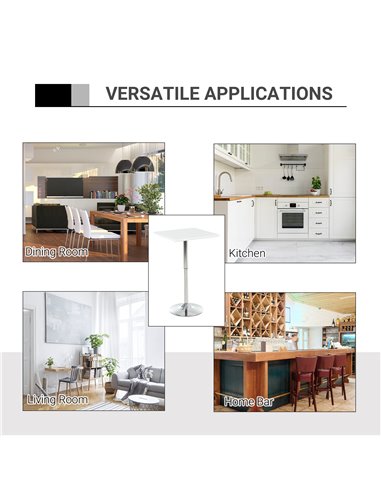 HOMCOM Square Height Adjustable Bar Table Counter Pub Desk with Metal Base for Home Bar, Dining Room, Kitchen, White 835-131