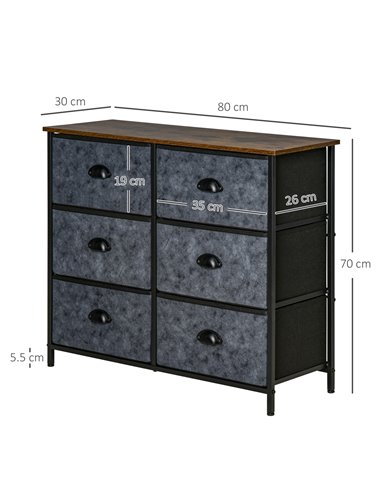 HOMCOM Chest of Drawer Fabric Dresser Storage Cabinet for Bedroom Night Stand w/ 6 Drawers Steel Frame Handles - Grey and Black