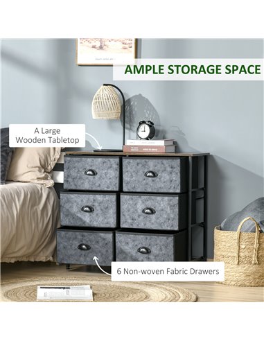 HOMCOM Chest of Drawer Fabric Dresser Storage Cabinet for Bedroom Night Stand w/ 6 Drawers Steel Frame Handles - Grey and Black