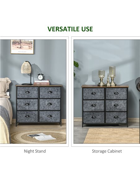 HOMCOM Chest of Drawer Fabric Dresser Storage Cabinet for Bedroom Night Stand w/ 6 Drawers Steel Frame Handles - Grey and Black - pic 6931 | FastDaddyshop
