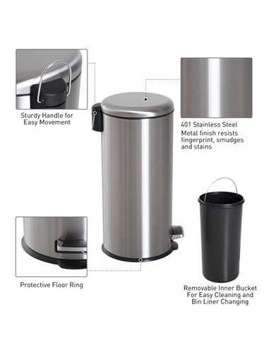 HOMCOM Foot Pedal Bin Stainless Steel Metal Waste Rubbish Lid Kitchen Garbage 30L 851-013