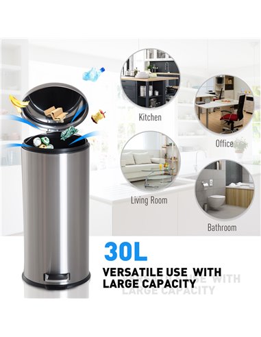HOMCOM Foot Pedal Bin Stainless Steel Metal Waste Rubbish Lid Kitchen Garbage 30L 851-013
