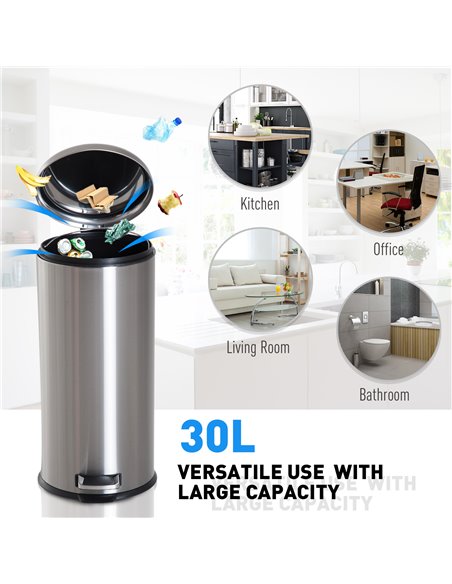 HOMCOM Foot Pedal Bin Stainless Steel Metal Waste Rubbish Lid Kitchen Garbage 30L 851-013 - pic 69339 | FastDaddyshop