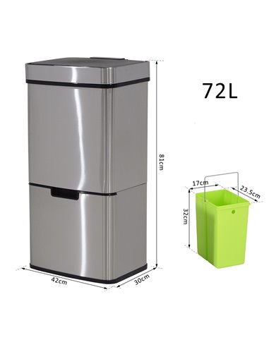HOMCOM 72L Recycling Sensor Bin, Stainless Steel 3 Compartments for Both Wet or Dry Waste with Removable Lid Kitchen Home 851-01