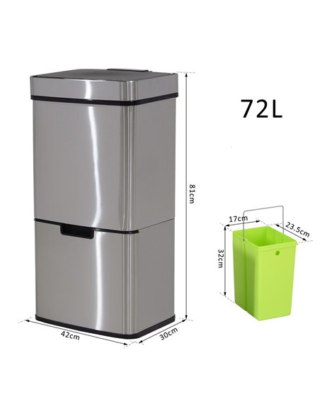 HOMCOM 72L Recycling Sensor Bin, Stainless Steel 3 Compartments for Both Wet or Dry Waste with Removable Lid Kitchen Home 851-01 - pic 69345 | FastDaddyshop