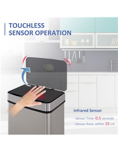 HOMCOM 72L Recycling Sensor Bin, Stainless Steel 3 Compartments for Both Wet or Dry Waste with Removable Lid Kitchen Home 851-01