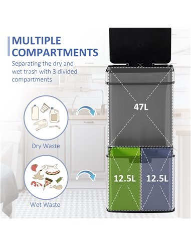 HOMCOM 72L Recycling Sensor Bin, Stainless Steel 3 Compartments for Both Wet or Dry Waste with Removable Lid Kitchen Home 851-01