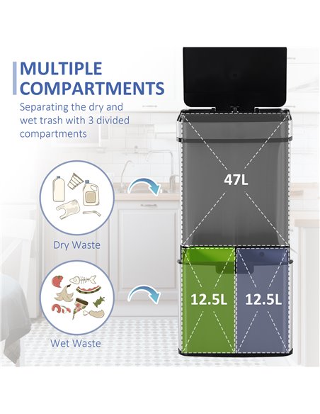 HOMCOM 72L Recycling Sensor Bin, Stainless Steel 3 Compartments for Both Wet or Dry Waste with Removable Lid Kitchen Home 851-01 - pic 69348 | FastDaddyshop