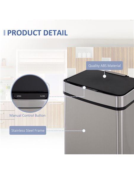 HOMCOM 72L Recycling Sensor Bin, Stainless Steel 3 Compartments for Both Wet or Dry Waste with Removable Lid Kitchen Home 851-01 - pic 69349 | FastDaddyshop