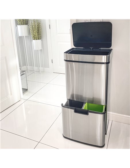 HOMCOM 72L Recycling Sensor Bin, Stainless Steel 3 Compartments for Both Wet or Dry Waste with Removable Lid Kitchen Home 851-01 - pic 69350 | FastDaddyshop