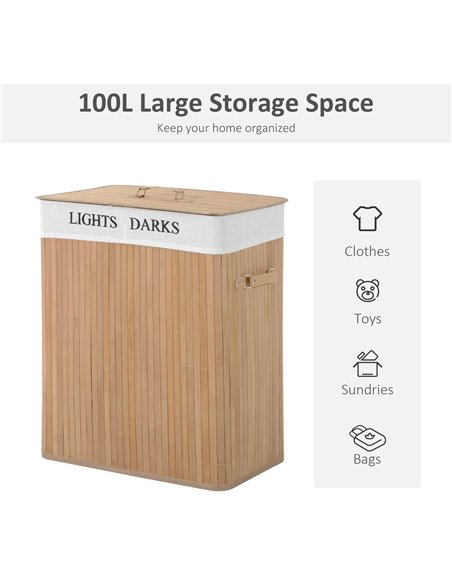 HOMCOM 100L Collapsible Natural Wood  Laundry Hamper Organizer Clothes Washing Basket Bin Storage Box w/Lid Removable Lining 52x - pic 69409 | FastDaddyshop