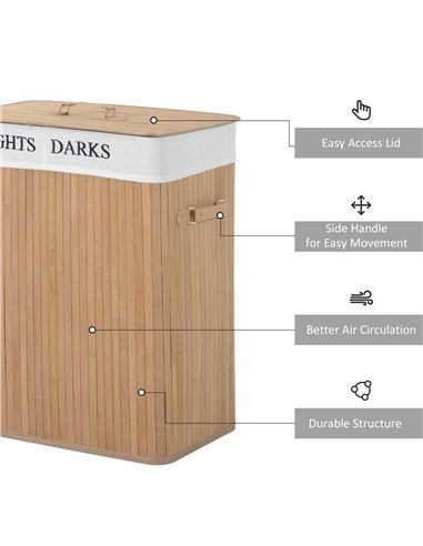 HOMCOM 100L Collapsible Natural Wood  Laundry Hamper Organizer Clothes Washing Basket Bin Storage Box w/Lid Removable Lining 52x