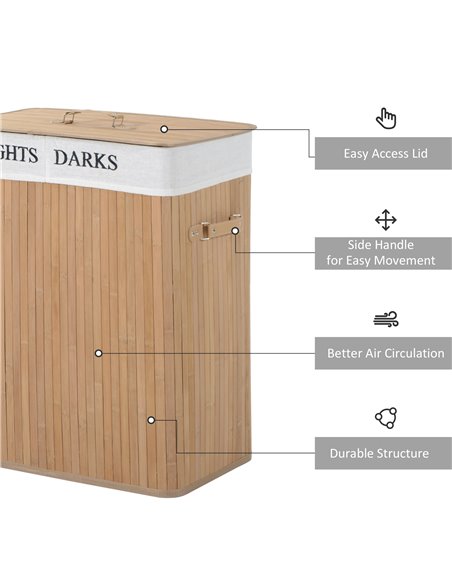HOMCOM 100L Collapsible Natural Wood  Laundry Hamper Organizer Clothes Washing Basket Bin Storage Box w/Lid Removable Lining 52x - pic 69410 | FastDaddyshop