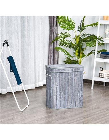 HOMCOM 100L Wooden Laundry Basket w/ Split Compartment Lid Removable Lining Handles Air Holes Ventilation Durable Water-Resistan