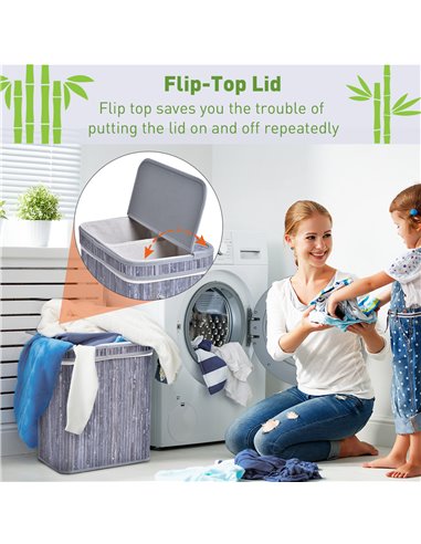 HOMCOM 100L Wooden Laundry Basket w/ Split Compartment Lid Removable Lining Handles Air Holes Ventilation Durable Water-Resistan