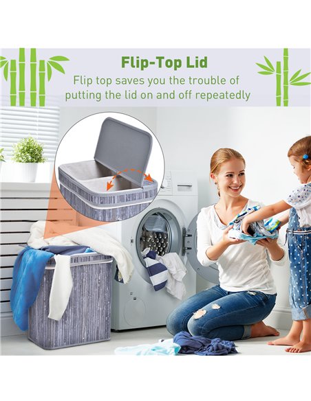 HOMCOM 100L Wooden Laundry Basket w/ Split Compartment Lid Removable Lining Handles Air Holes Ventilation Durable Water-Resistan - pic 69419 | FastDaddyshop