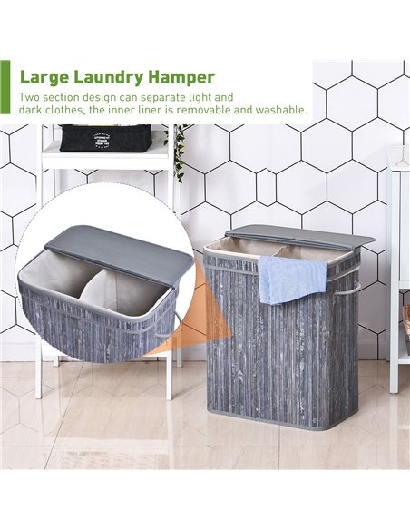 HOMCOM 100L Wooden Laundry Basket w/ Split Compartment Lid Removable Lining Handles Air Holes Ventilation Durable Water-Resistan - pic 69420 | FastDaddyshop