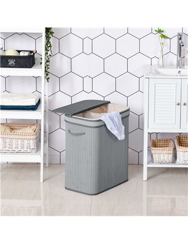 HOMCOM Laundry Basket, 100L Natural Wood, Single Compartment with Flip Lid, Removable Liner, Handles, Grey 850-125V01