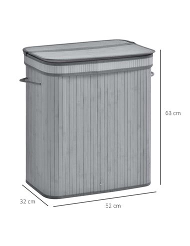 HOMCOM Laundry Basket, 100L Natural Wood, Single Compartment with Flip Lid, Removable Liner, Handles, Grey 850-125V01
