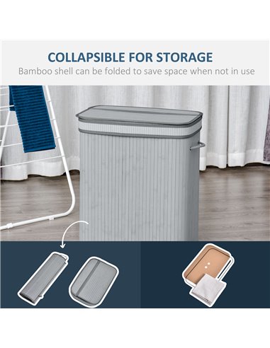 HOMCOM Laundry Basket, 100L Natural Wood, Single Compartment with Flip Lid, Removable Liner, Handles, Grey 850-125V01
