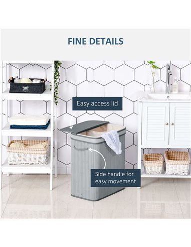 HOMCOM Laundry Basket, 100L Natural Wood, Single Compartment with Flip Lid, Removable Liner, Handles, Grey 850-125V01